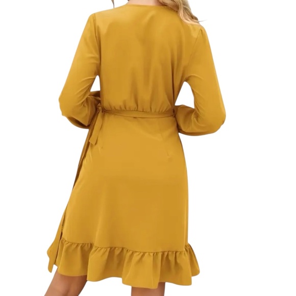 Women’s V-Neck Long Sleeve Wrap Dress with Ruffle Hem - Picture 4 of 8